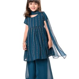 Babyhug Woven Half Sleeves Foil Printed Kurta & Sharara Set with Dupatta - Teal Blue-image-35