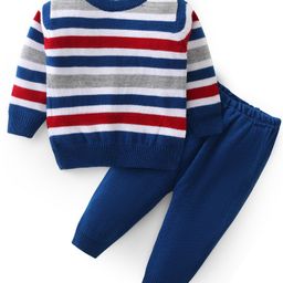 Babyhug Knit Full Sleeves Sweater Set with Stripes Design - Blue-image-89