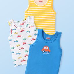Babyhug 100% Cotton Knit Sleeveless Vests with Striped & Vehicle Print Pack of 3 - Multicolor-picture-49