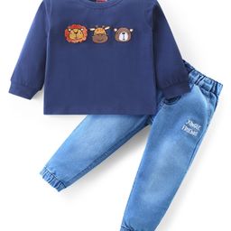 Babyhug Single Jersey Knit Full Sleeves T-Shirt & Denim Jeans Set With Animals Embroidery - Blue-image-50