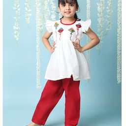 KID1 Cotton Frill Sleeves Kite Embroidered Kurta With Salwar Set -White-picture-44