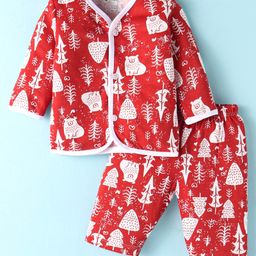 OHMS Single Jersey Knit Full Sleeves Night Suit With Jungle Print - Red-image-90