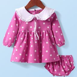 Babyhug Cotton Knit Full Sleeves Frock With Peter Pan Collar & Bloomer with Polka Dot Print - Dark Pink-image-100