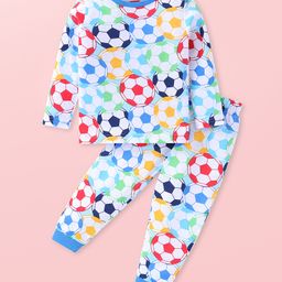 Babyhug Cotton Knit Full Sleeves Night Suit With Footballs Print - White-image-118
