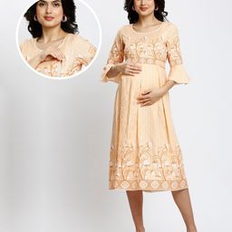 Dummy Shape Three Fourth Sleeves Floral Printed Maternity Flared Kurta With Attached Belt & Concealed Zipper Nursing Access - Light Orange-picture-22