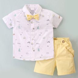 Mark & Mia Cotton Knit Half Sleeves Beach Theme Printed Shirt & Shorts Set with Suspender & Bow - White & Yellow-picture-28