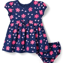 Doodle Poodle 100% Cotton Knit Half Puffed Sleeves Floral Printed Frock with Bloomer & Bow Applique - Navy Blue-picture-46
