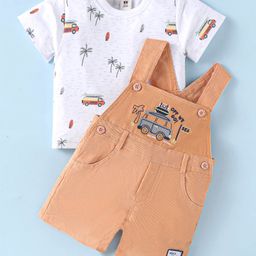 ToffyHouse Cotton Knit Dungaree & Half Sleeves T-Shirt With Car Print & Embroidery - Orange & White-image-3