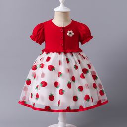 Mark & Mia Half Puffed Sleeves Party Frock with Strawberry Glitter Print & Floral Applique - Red-picture-19