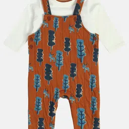 MINI KLUB Cotton Deers Printed Dungaree With Full Sleeves Tee - Marshmallow & Brown-picture-37
