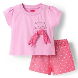 Babyhug Cotton Knit Single Jersey Knit Half Sleeves Shorts Night Suit With Kitty Print & Bow Applique - Pink-image-20