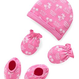 Babyhug 100% Cotton Cap Mittens And Booties Beach Theme Printed - Pink-image-54