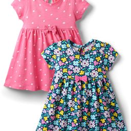 Babyhug Single Jersey Knit Half Sleeves Polka Dot & Floral Printed Frocks With Bow Applique Pack of 2 - Navy Blue & Pink-image-60