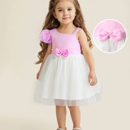 Babyhug Woven Sleeveless Mesh Dress with Bow Applique - Pink & White-image-33