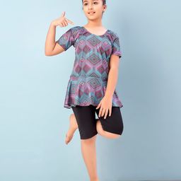 Aarika Half Sleeves Abstract Printed Frock Style Swimsuit - Firozi & Black-image-94