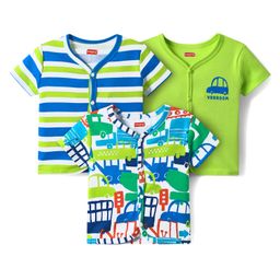Babyhug 100% Cotton Knit Antibacterial Half Sleeves Front Open Vests with Vehicle Print & Stripes Pack of 3 - Light Green-image-60
