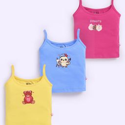 MOONKIDS 100% Cotton Knit Pack Of 3 Sleeveless Teddy Bear & Bird Printed Camisoles - Fuchsia Yellow & Deep Blue-image-45