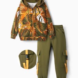 OLLINGTON ST. Cotton Looper Knit Full Sleeves Printed Hoodie Front Open Sweatshirts & Knit Joggers with Jungle Theme Print - Multicolor & Dark Olive-image-81