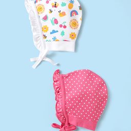 Babyhug 100% Cotton Knit Caps with Polka Dot & Tropical Print Pack of 2 Dark Pink & White - Diameter 17 cm-image-13