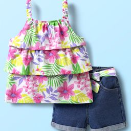 Babyhug Single Jersey Knit Sleeveless Layered Top & Denim Shorts Set with Floral Print & Belt - Navy Blue-image-6