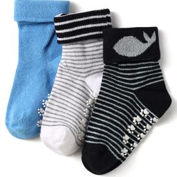 Cute Walk by Babyhug Knit Antibacterial Ankle Length Anti Skid Socks With Stripes Pack Of 3 - Black Light Blue & Grey-image-29