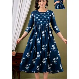 NEVISHA STYLE Cotton Woven Three Fourth Sleeves Floral Printed Maternity Kurta With Concealed Zipper Nursing Access - Blue-picture-18
