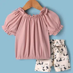 Dew Drops Cotton Woven Half Puffed Sleeves Top and Shorts Set with Belt & Bow Applique & Panda Print - Beige & Pink-picture-0