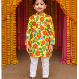 Kiddopanti Cotton Woven Full Sleeves Tropical Floral Printed Kurta Pyjama Set - Multi Colour-picture-30