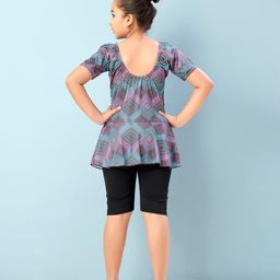 Aarika Half Sleeves Abstract Printed Frock Style Swimsuit - Firozi & Black image 3