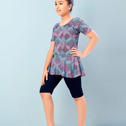 Aarika Half Sleeves Abstract Printed Frock Style Swimsuit - Firozi & Black image 4