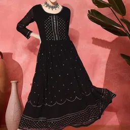 Sangria Sequins Work & Embroidery Maxi Ethnic Dress-image-48
