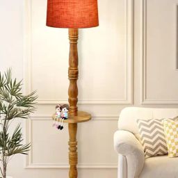 Homesake Rustic Walnut Brown Floor Lamp with Red Shade & Tray End Table for Living Room-35