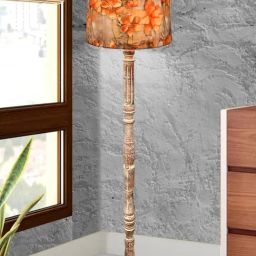 Homesake Rustic Walnut Brown Floor Lamp with Roman Voyage Floreo Meadow Shade & Tray End Table-3