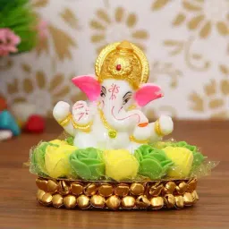 eCraftIndia Lord Ganesha Idol on Decorative Handcrafted Plate with Green and Yellow Flowers-6