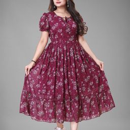 QENA Floral Print Puff Sleeve Georgette Fit & Flare Maxi Dress-image-31