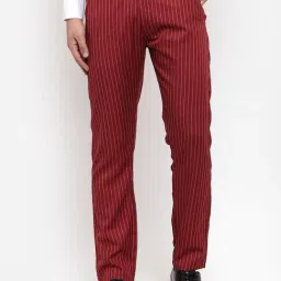 Jainish Red Cotton Tapered Fit Striped Flat Front Trousers-image-16