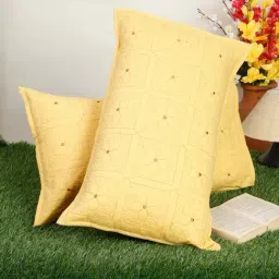 HOSTA HOMES Light Yellow Cotton 140 TC 'Zipped' Pillow Covers - Set of 2-image-35