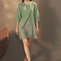 Anouk Solid Embroidered Puff Sleeves A-Line Above Knee Dress-95