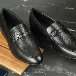 Metro Men Textured Leather Slip On Formal Loafers Shoes-image-100