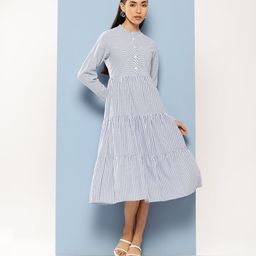 Chemistry Striped Mandarin Collar Pure Cotton Tiered A-Line Dress-picture-1