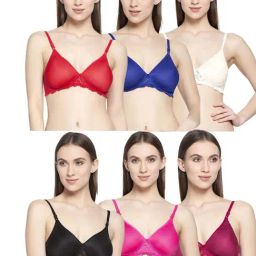 AROUSY Red & Blue Cotton Lace Work T-Shirt Bras - Pack Of 6-picture-35
