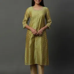 Aurelia Green Woven Pattern Straight Kurta-image-68