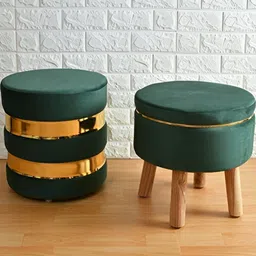 Shadowkart 2Pc Green Wooden Pouffe Ottoman-18