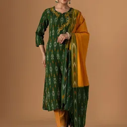 WOMEN PLUS Ethnic Motifs Printed Thread Work Pure Cotton Kurta With Trouser & Dupatta-12