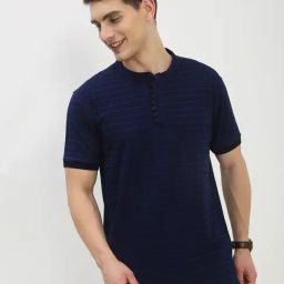 SHOW OFF Navy Blue Cotton Slim Fit Checks T-Shirt-image-40