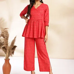 KALINI Checked Pure Cotton Peplum Top & Trousers Co-Ord Set-picture-23