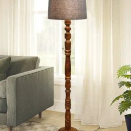 Homesake Rustic Wood Floor Lamp Grey Fabric Shade with Candlestick Design & Accents-5