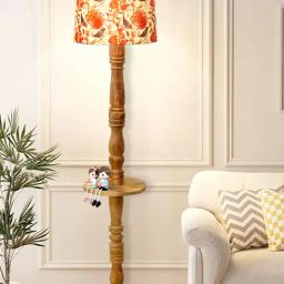Homesake Rustic Walnut Brown Floor Lamp with Multicolor Bird Shade & Tray End Table for Living Room-image-60