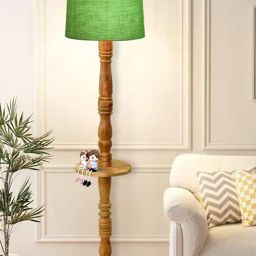Homesake Rustic Walnut Brown Floor Lamp with Green Shade & Tray End Table for Living Room-10