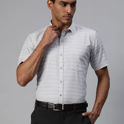 MANQ Men Grey & White Smart Regular Fit Horizontal Stripes Formal Shirt-image-62